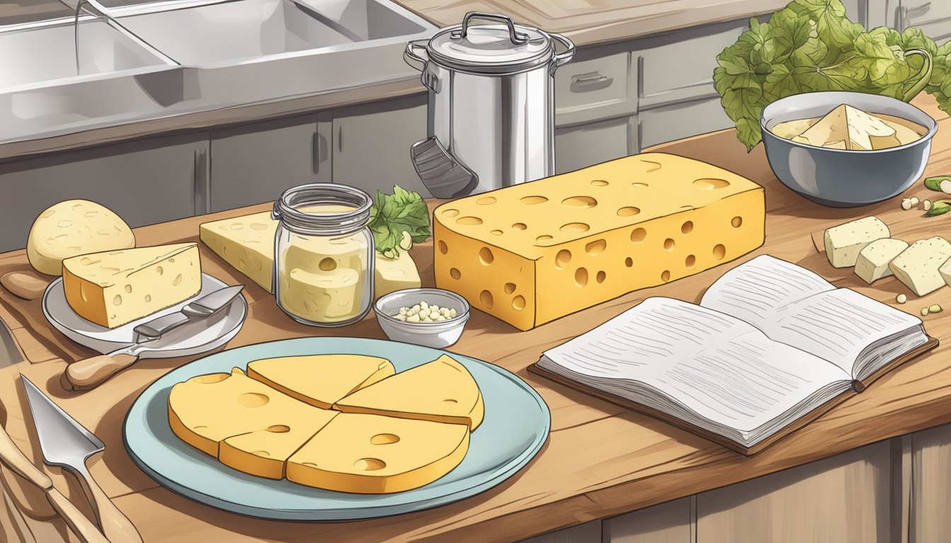 A kitchen counter with various cheese products, cooking utensils, and recipe books scattered around