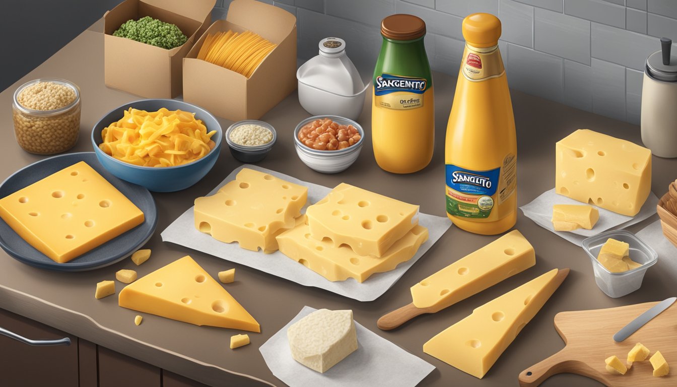 A kitchen counter with two cheese packages, one Sargento and one Kraft, surrounded by various food items and utensils