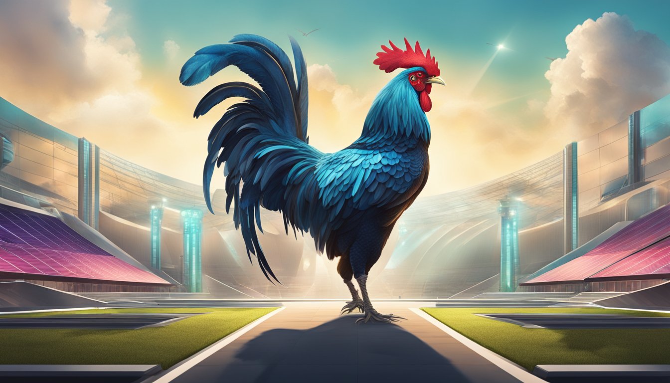 Two giant roosters facing off in a futuristic arena, surrounded by renewable energy sources and sustainable technology