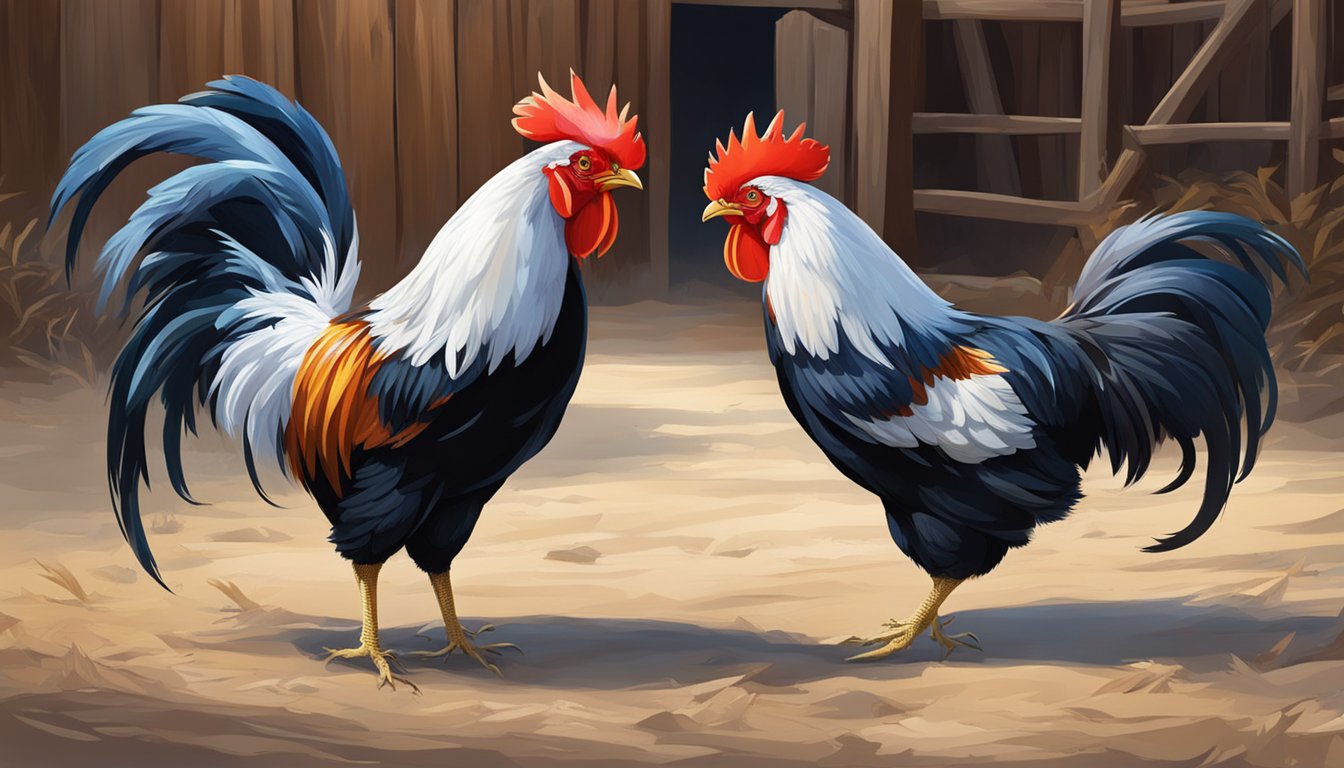 Two roosters facing off in a barnyard, feathers ruffled, beaks open in a fierce confrontation