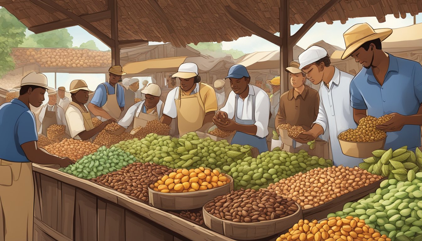 A bustling marketplace with farmers showcasing fresh cocoa beans and dairy products, while representatives from Ghirardelli and Lindt inspect and compare the quality of the ingredients