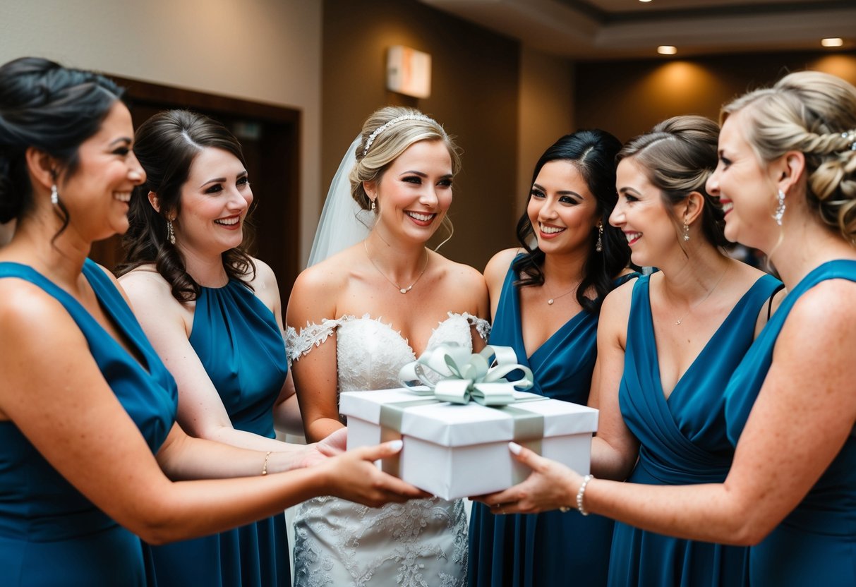 Bridesmaids present a gift to the bride at the wedding reception