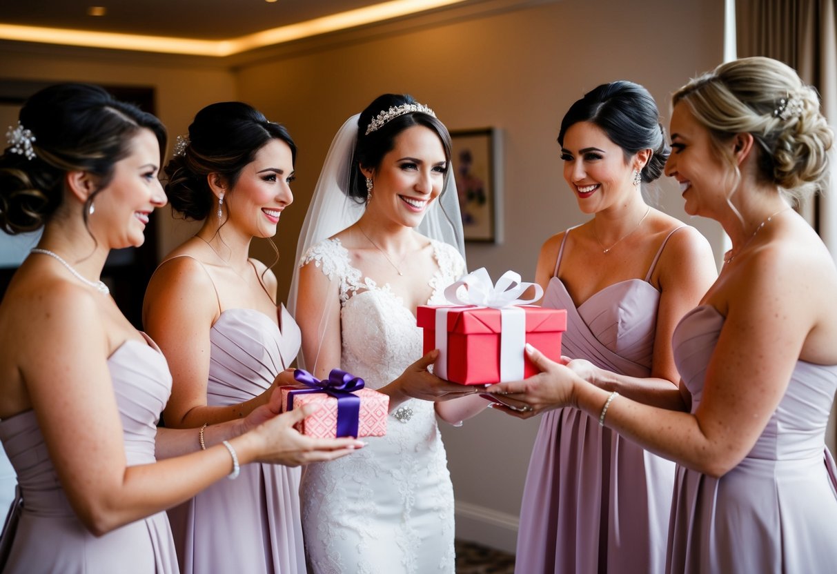 Bridesmaids presenting a gift to the bride during wedding festivities