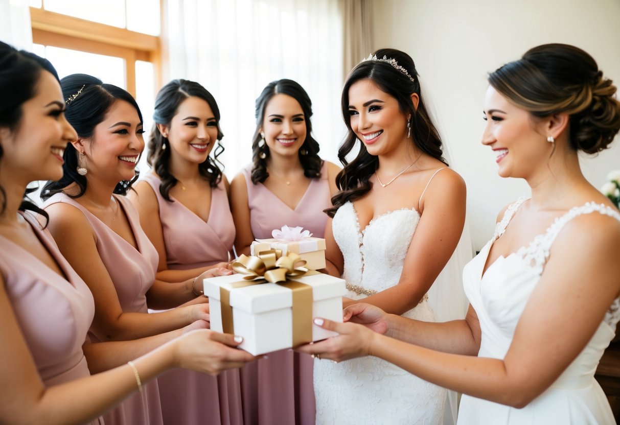 A group of bridesmaids presenting a gift to the bride at a wedding shower