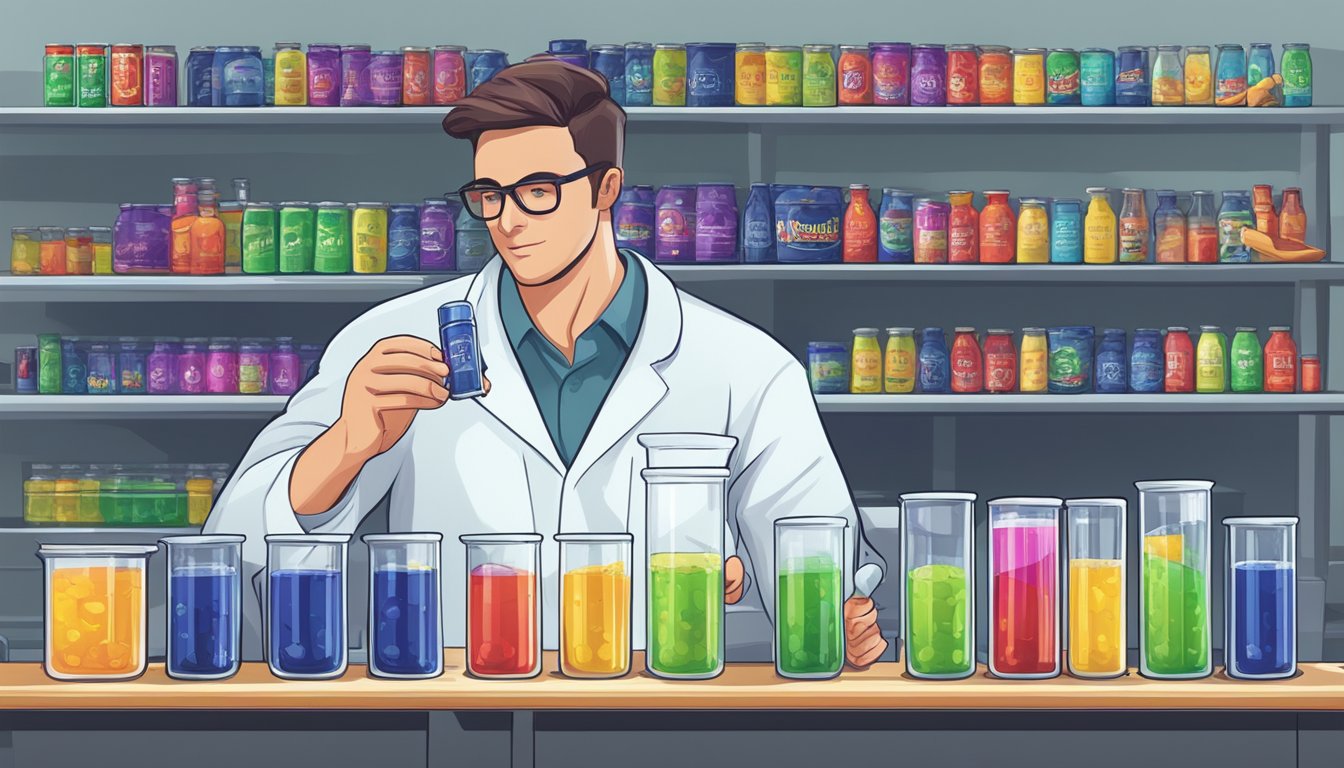 A scientist compares the nutritional content of Red Bull and Monster energy drinks using test tubes and lab equipment