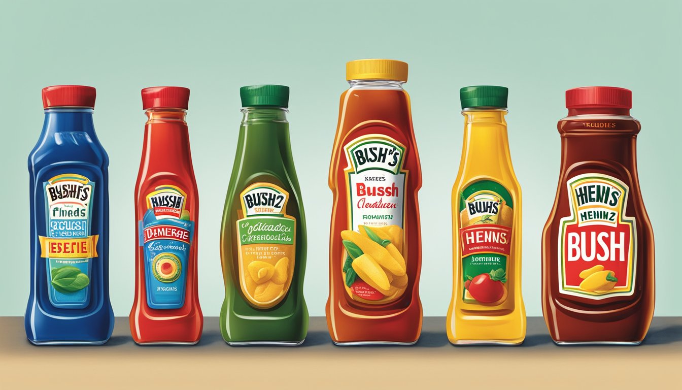 Two iconic condiment bottles stand side by side, each bearing the distinct label of Bush's and Heinz. The vibrant colors and recognizable shapes make them instantly recognizable