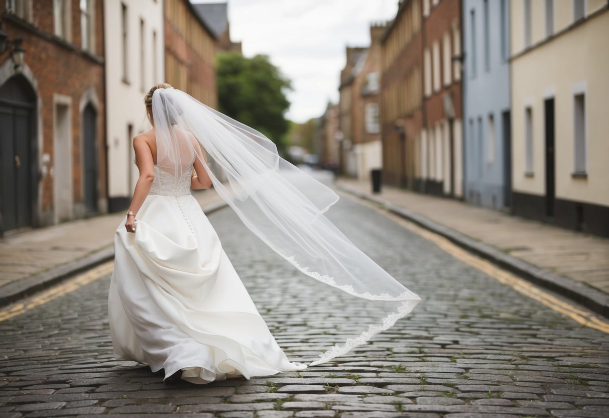 A bride's veil caught in a gentle breeze as she hurriedly crosses a cobblestone street, her gown trailing behind her