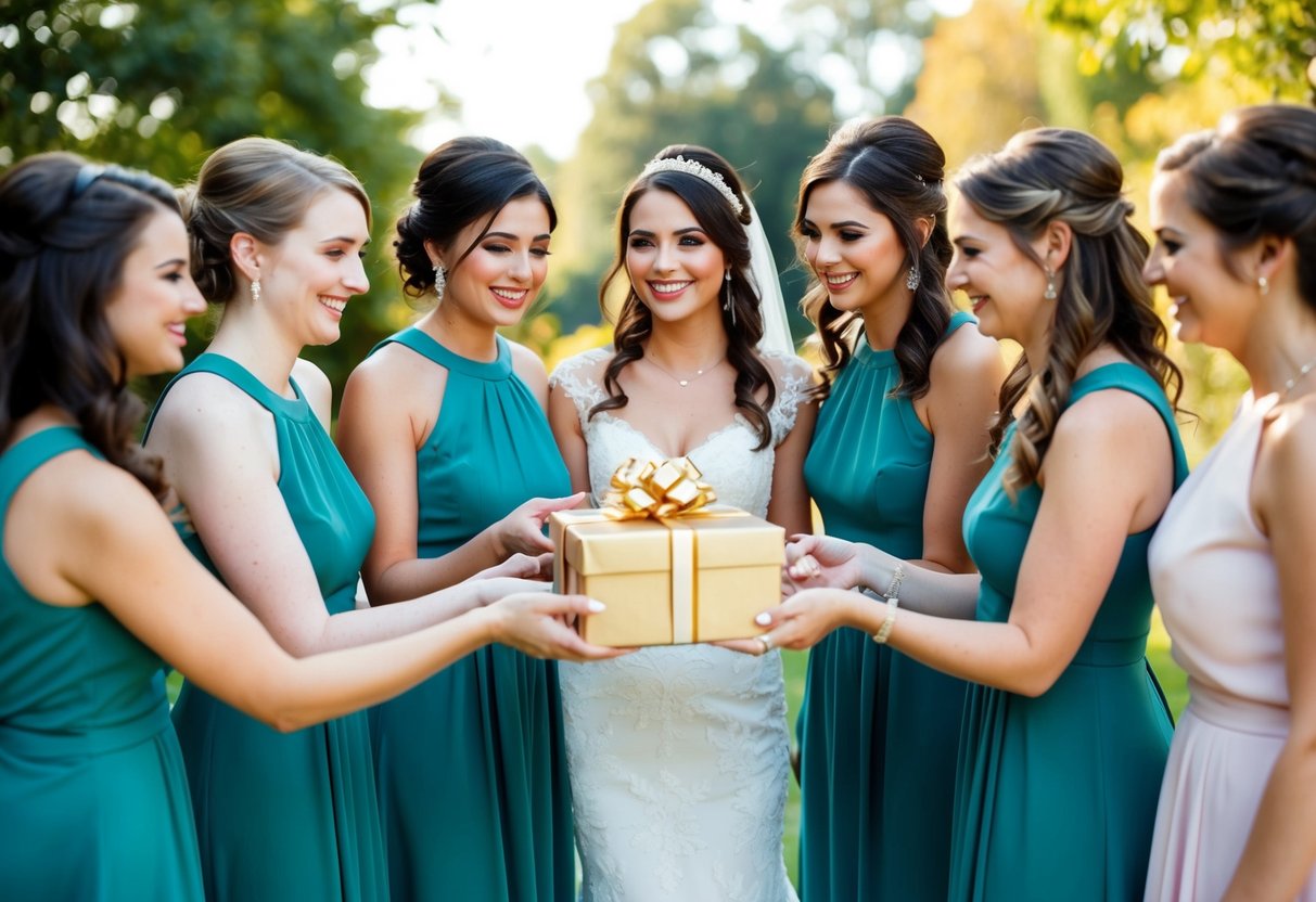Bridesmaids pooling money for expenses, presenting a gift to the bride