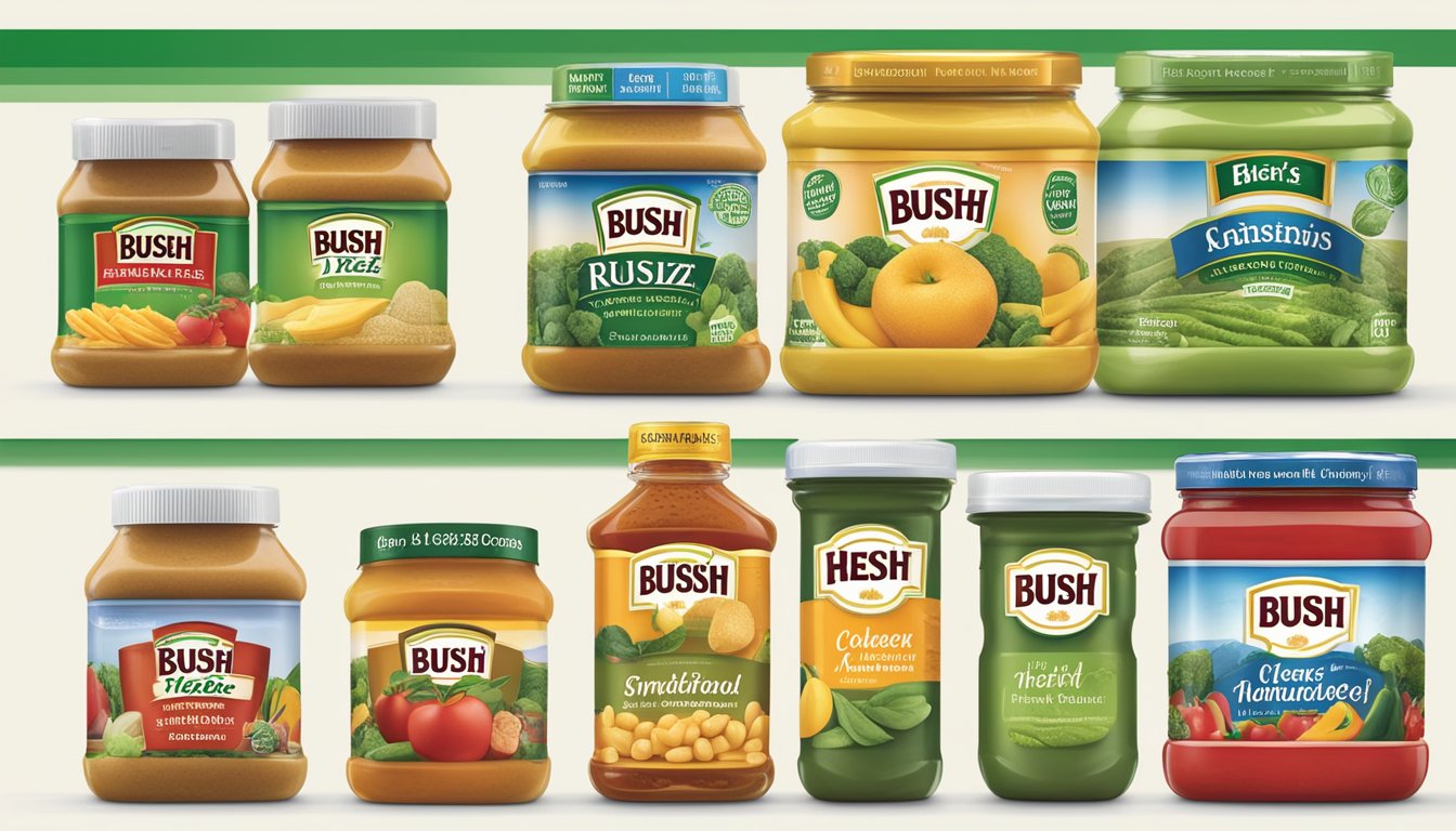 A comparison of Bush's and Heinz products, with nutritional labels and health-related images displayed side by side