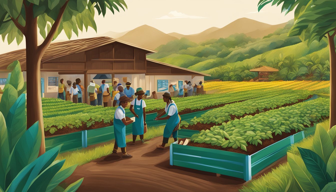 A vibrant cocoa farm with workers using sustainable and ethical practices. Ghirardelli and Lindt logos displayed on eco-friendly packaging