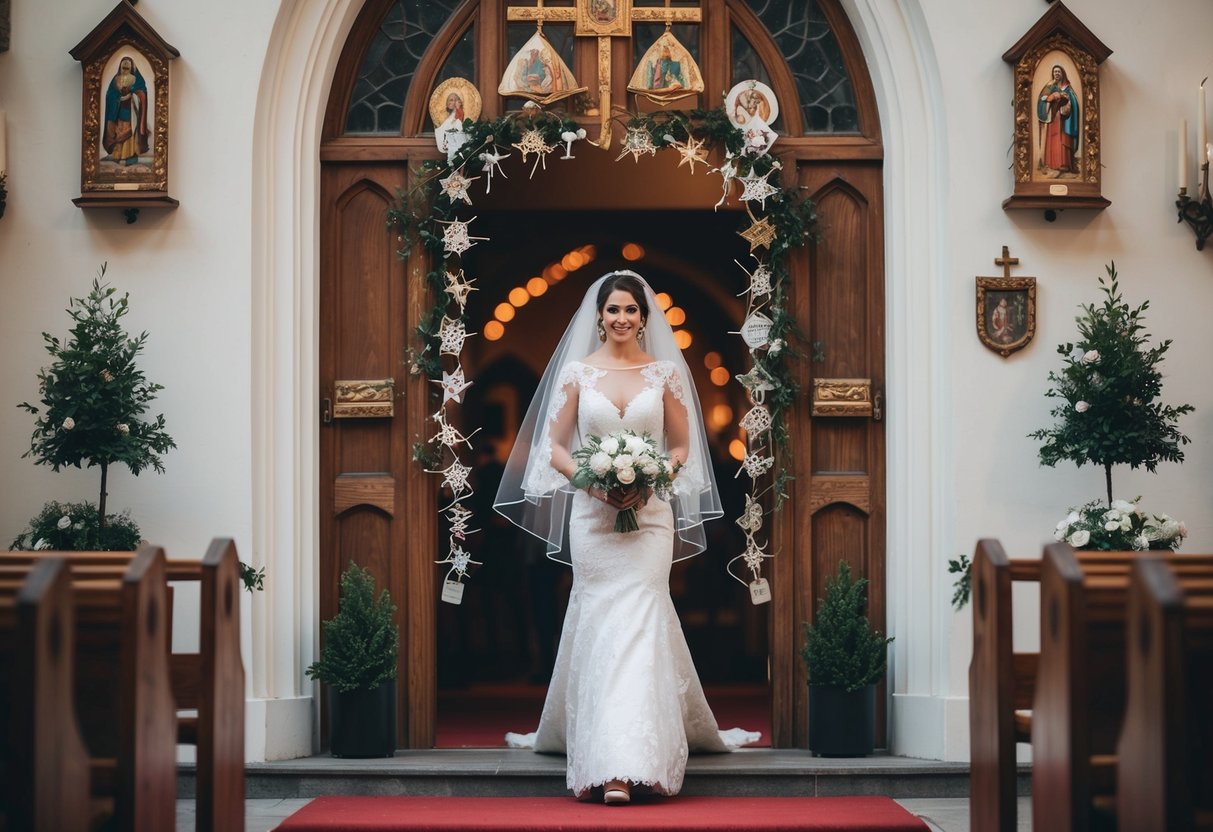 A bride stands at the entrance of a church, surrounded by symbolic decorations and rituals, causing her to be traditionally late for her wedding ceremony