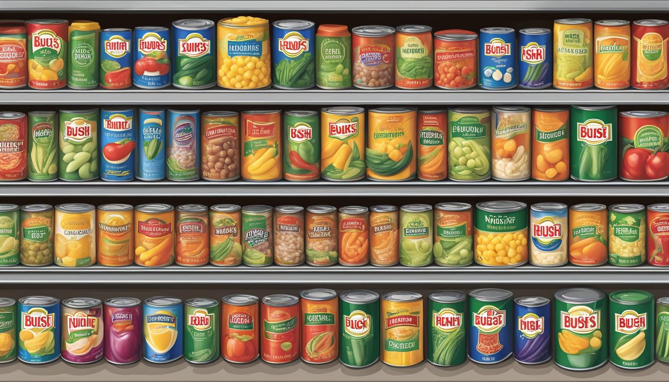 A colorful display of assorted canned vegetables and condiments from Bush's and Heinz product lines arranged on a supermarket shelf