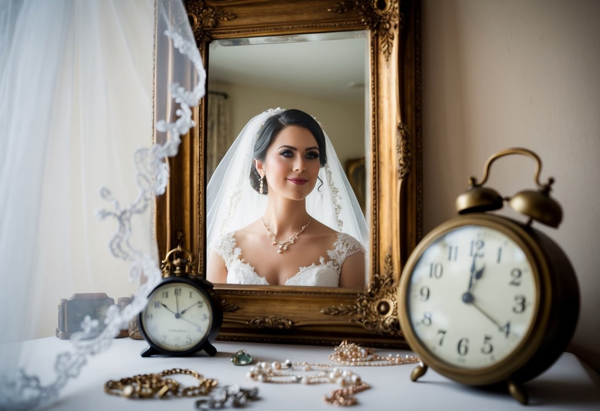 A bride's reflection in a vintage mirror, surrounded by scattered jewelry and a delicate lace veil. A vintage clock on the table shows the time, emphasizing her late arrival