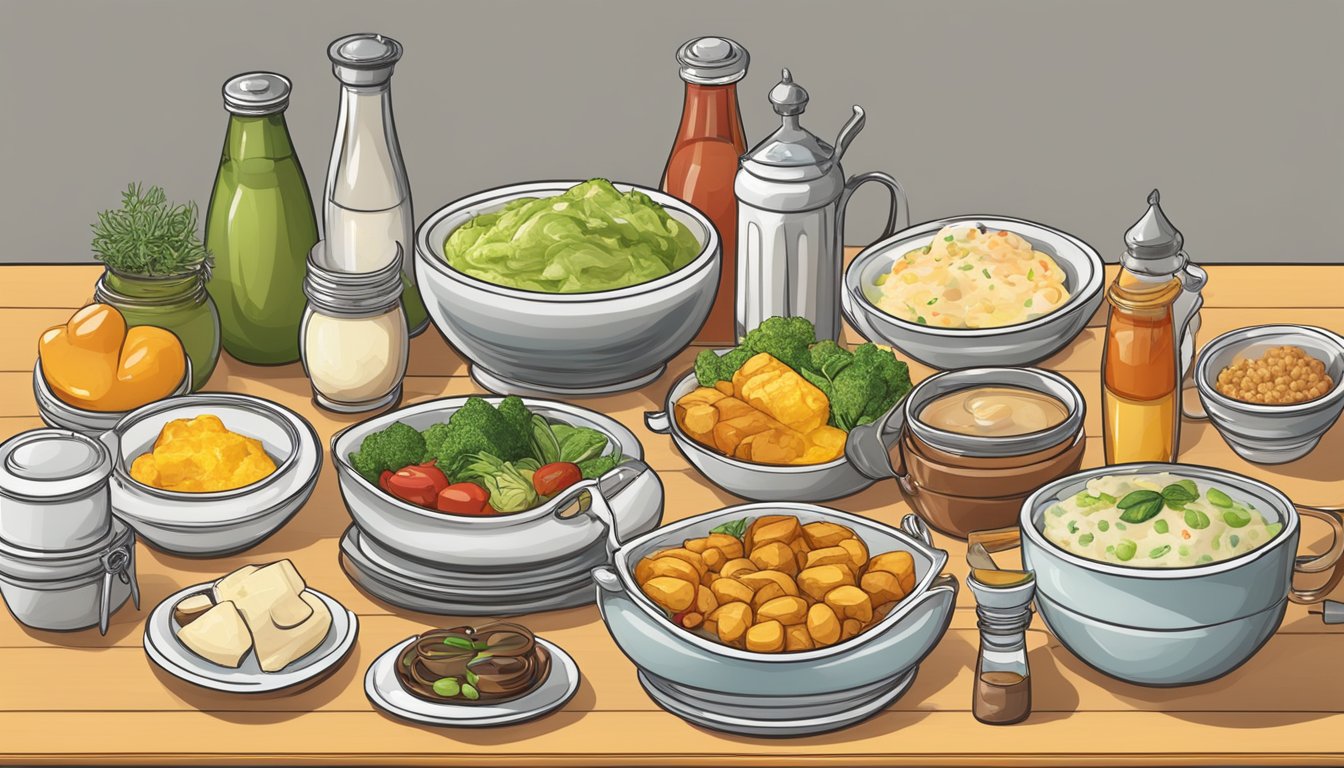 A table with various dishes and condiments arranged for comparison