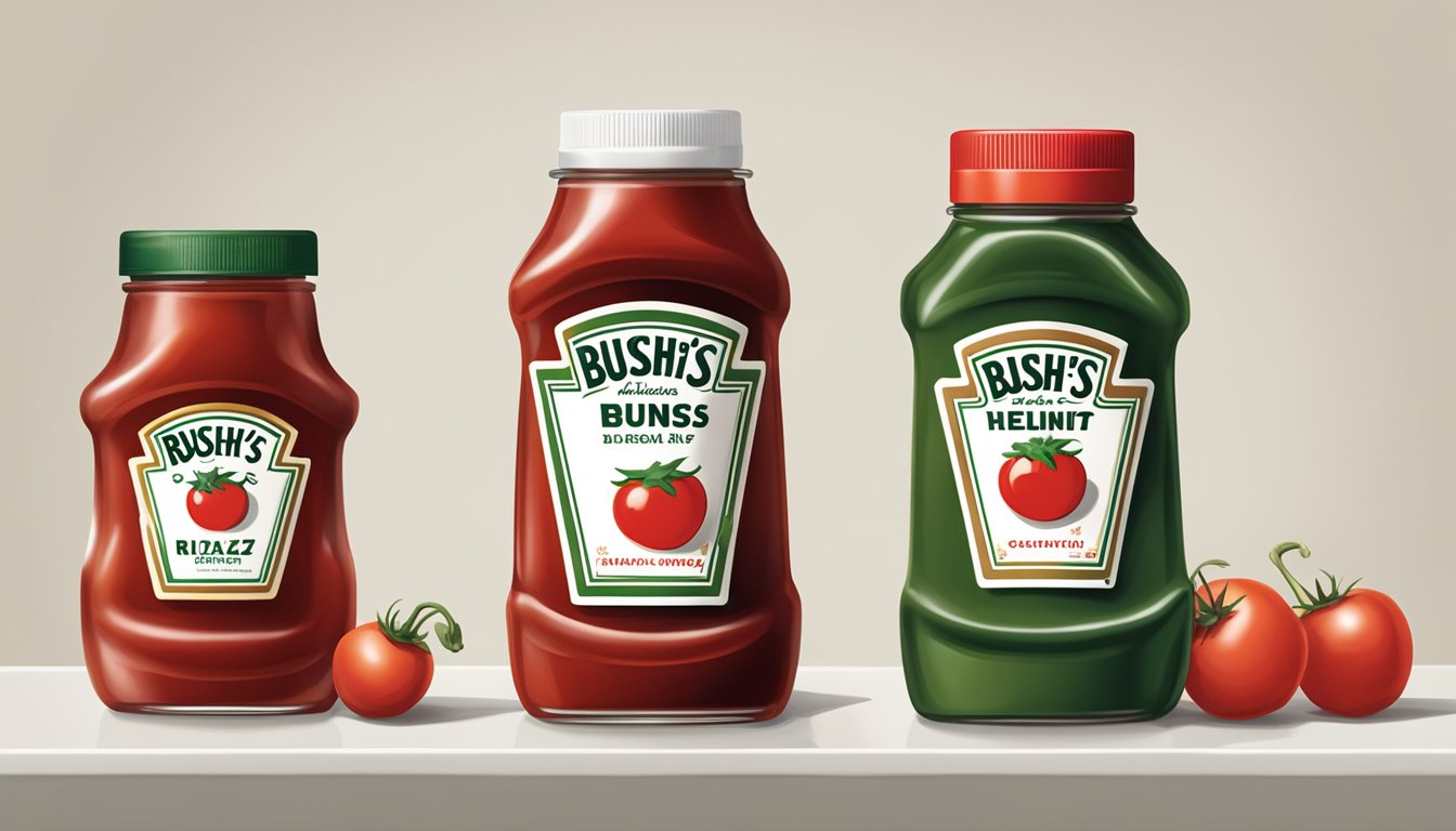 Two jars of ketchup, one labeled "Bush's" and the other "Heinz," placed side by side on a white countertop with a neutral background