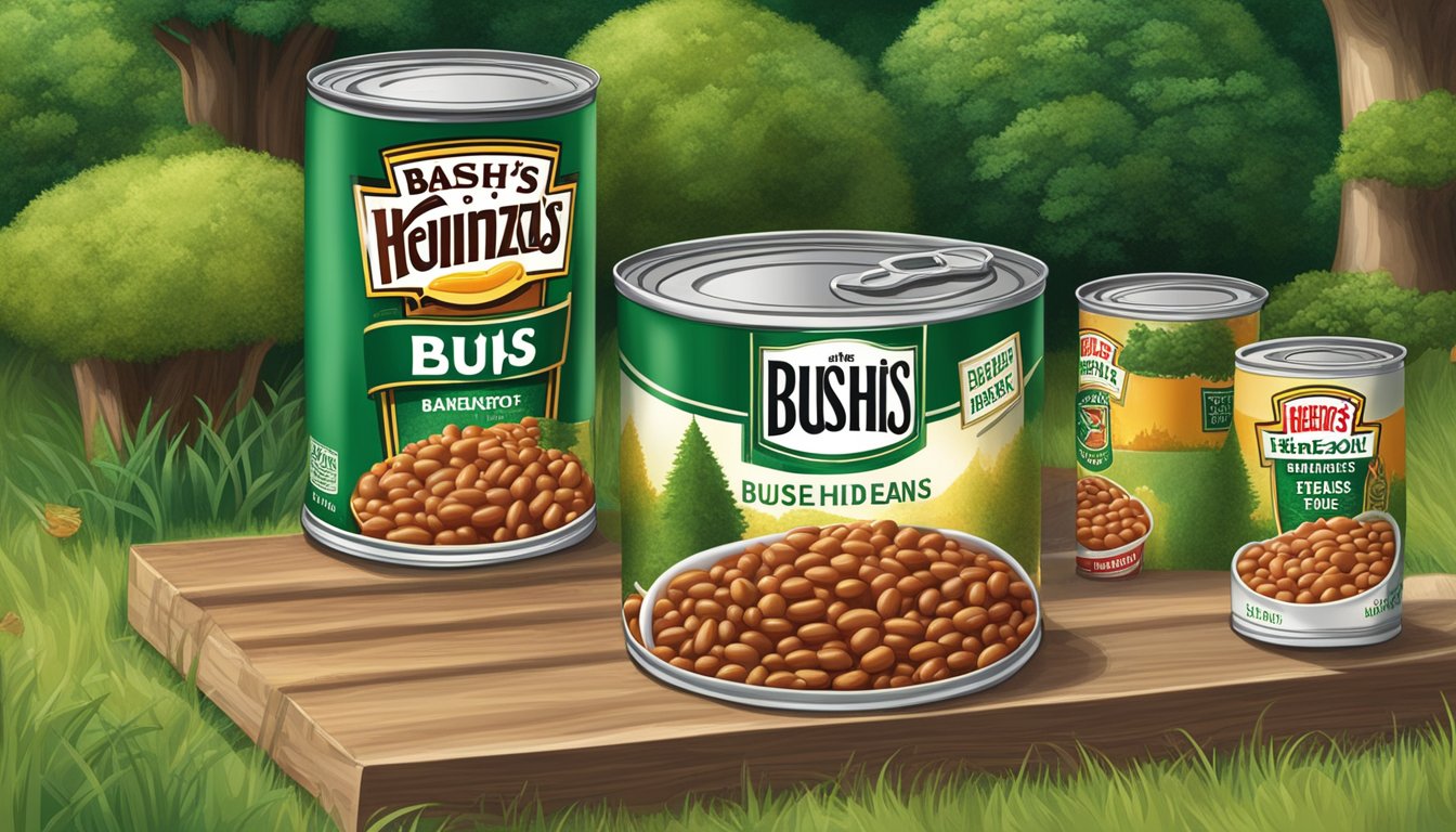 A table with two cans of baked beans, one labeled "Bush's" and the other "Heinz," surrounded by various outdoor elements such as trees and grass