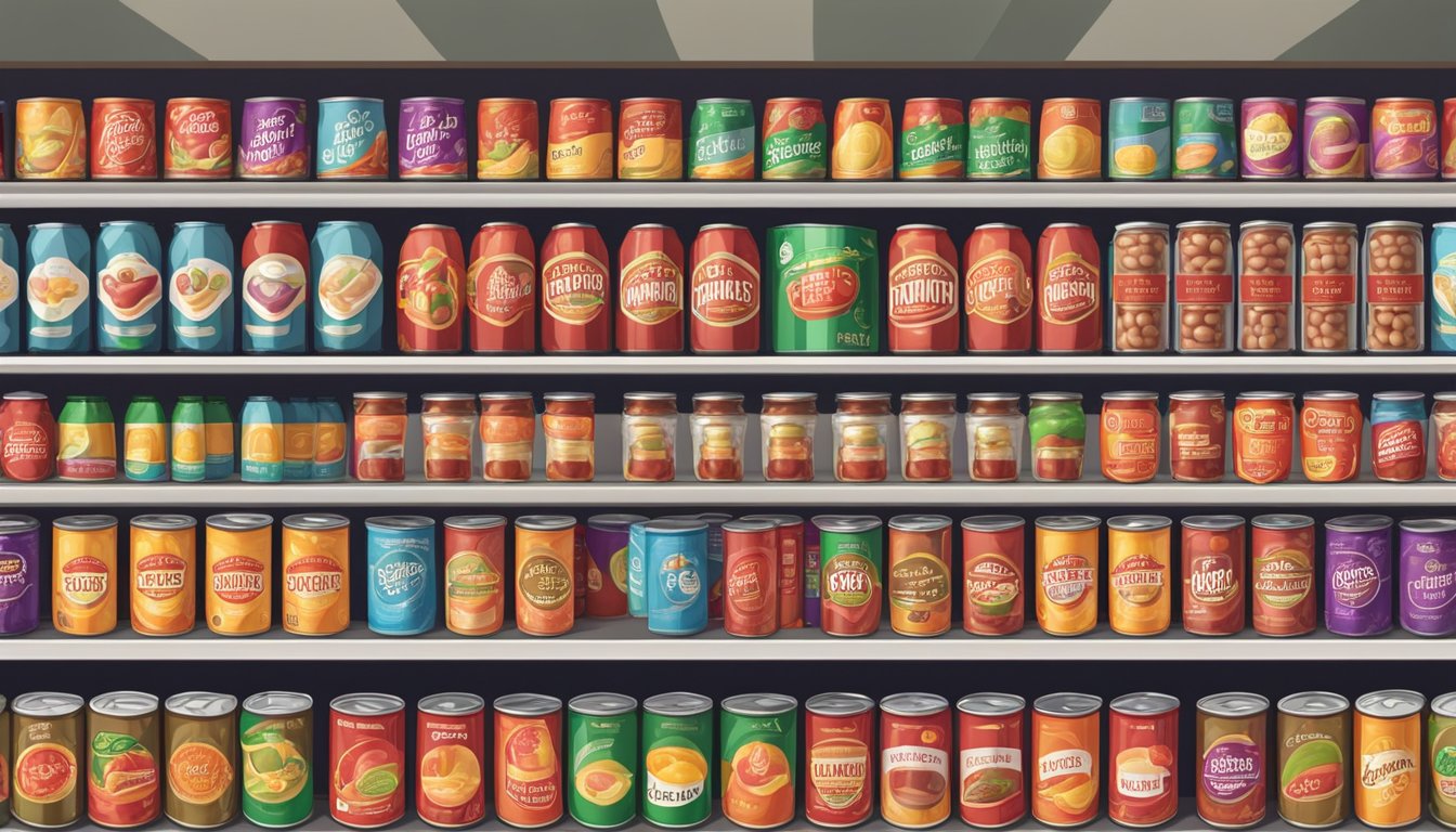 Two rows of colorful canned beans and ketchup bottles on a supermarket shelf, with price tags and promotional signs above