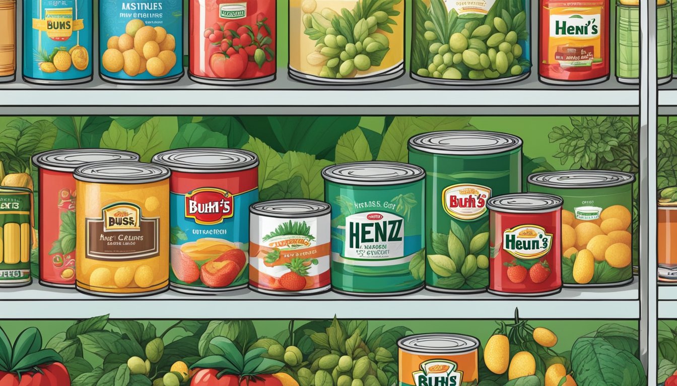 Two shelves with various canned goods, including Bush's and Heinz products, surrounded by a lush garden