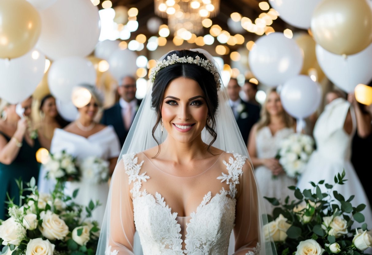 A woman surrounded by wedding attire and decorations