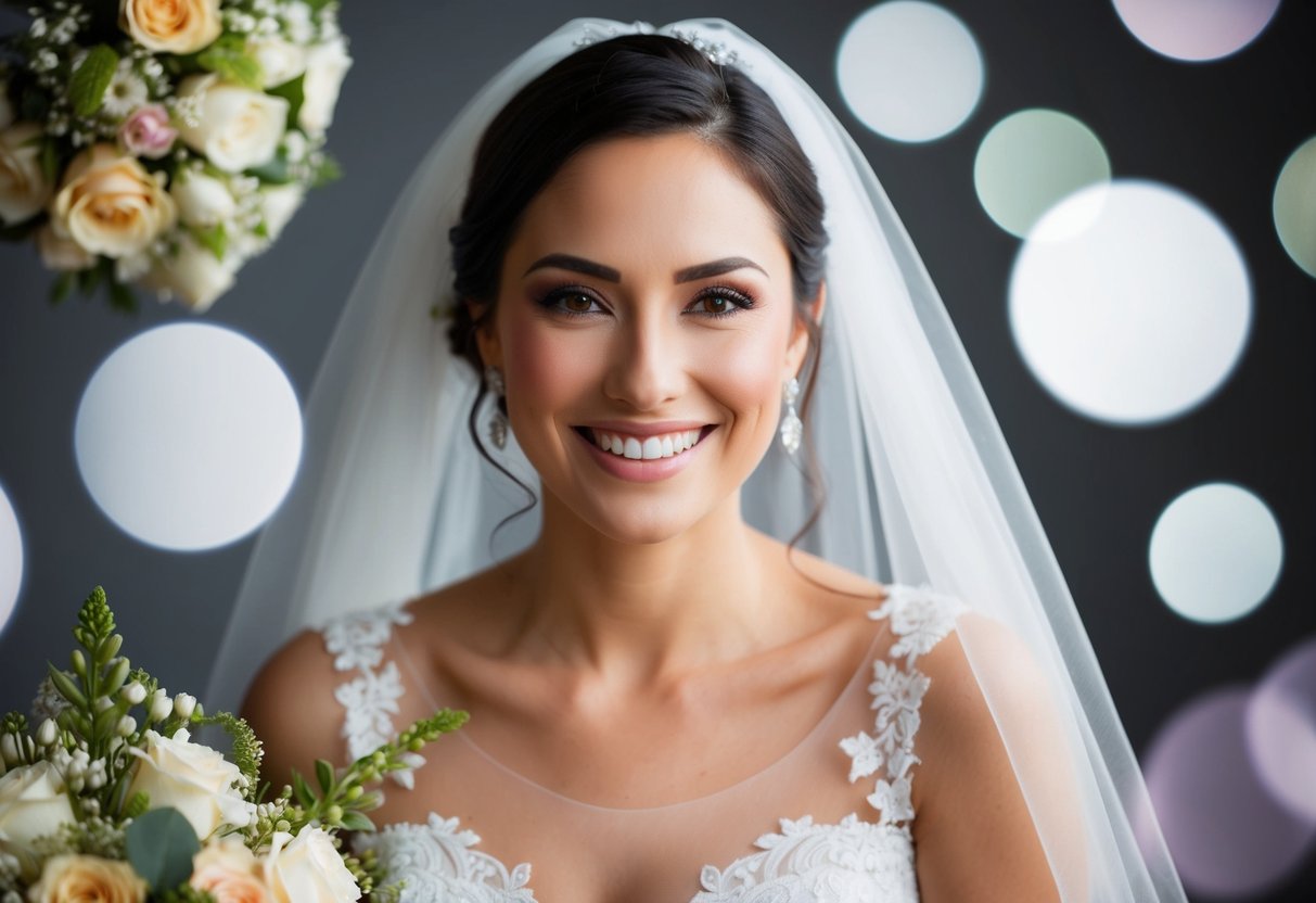 A woman surrounded by wedding symbols and imagery, such as a veil, bouquet, and wedding dress, with a radiant smile on her face