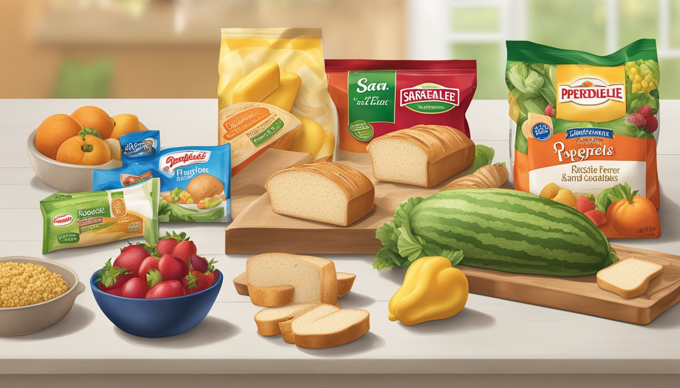 A table with two packages of bread, one from Sara Lee and the other from Pepperidge Farm, surrounded by various fruits and vegetables