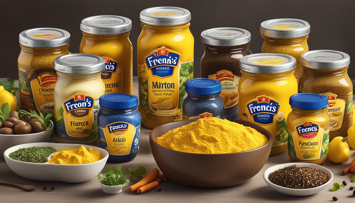 A spread of French's and Grey Poupon mustard jars with vibrant yellow and deep brown colors, surrounded by a variety of flavor-enhancing ingredients like herbs, spices, and fresh produce