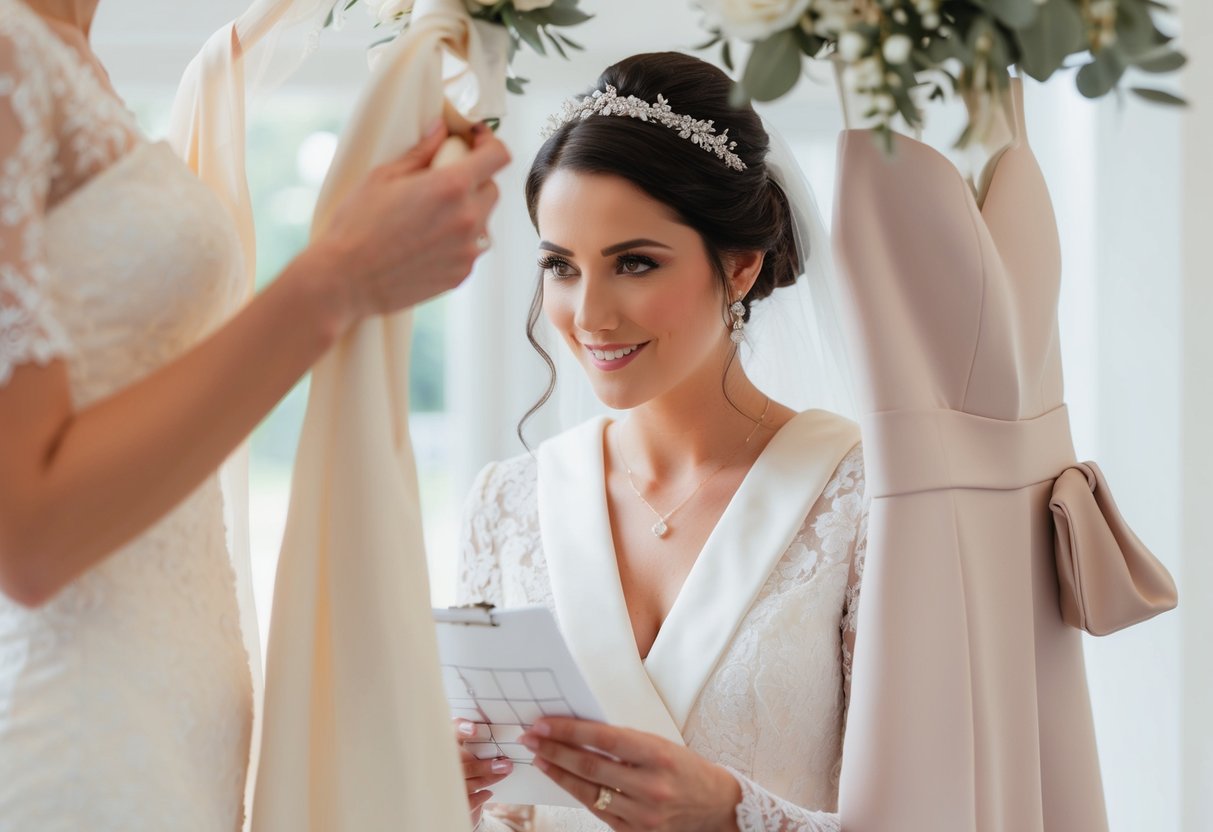 A future bride, surrounded by wedding attire, holding a checklist and gazing at a ring