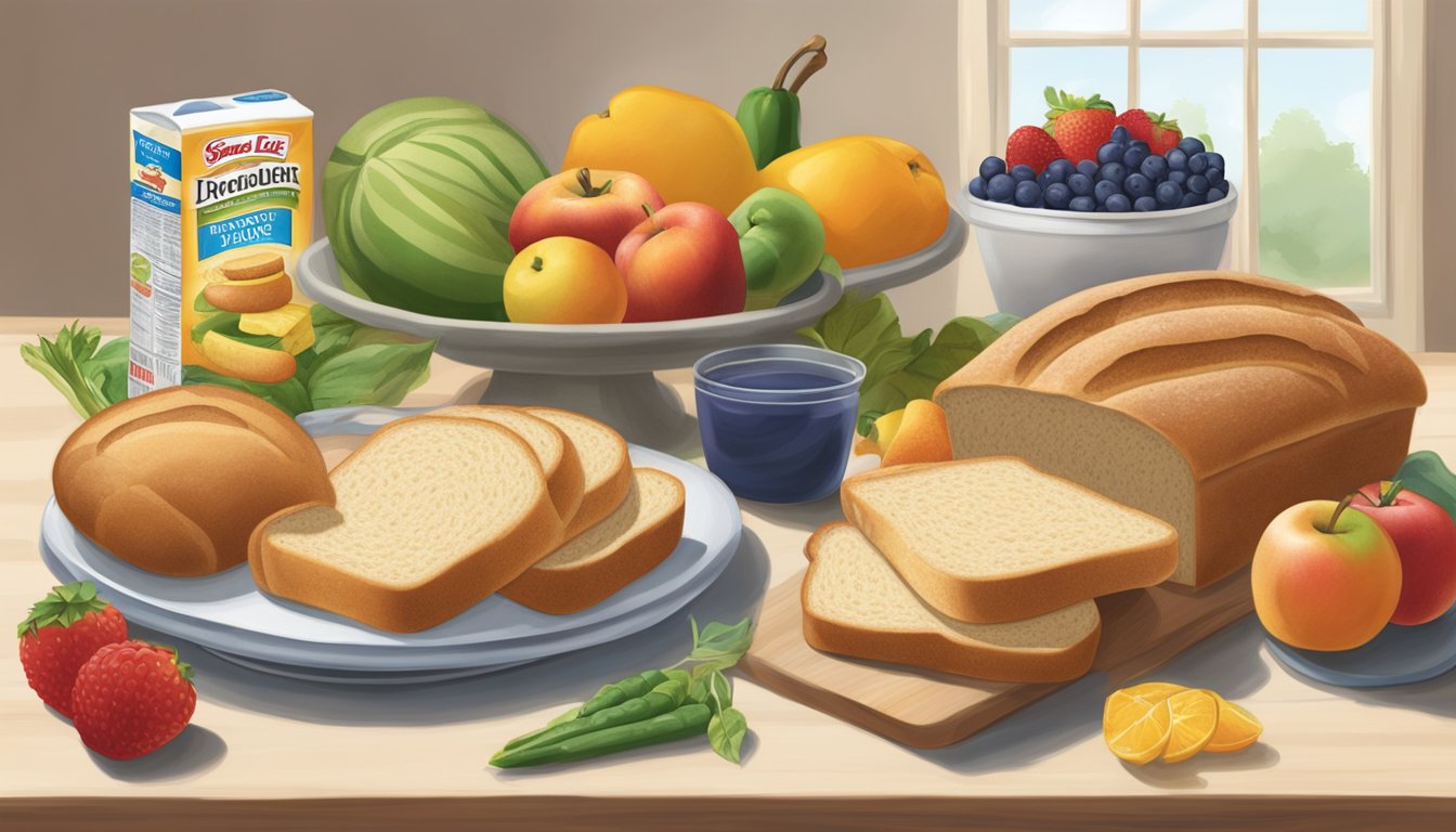 A table with two loaves of bread, one Sara Lee and one Pepperidge Farm, surrounded by various fruits and vegetables