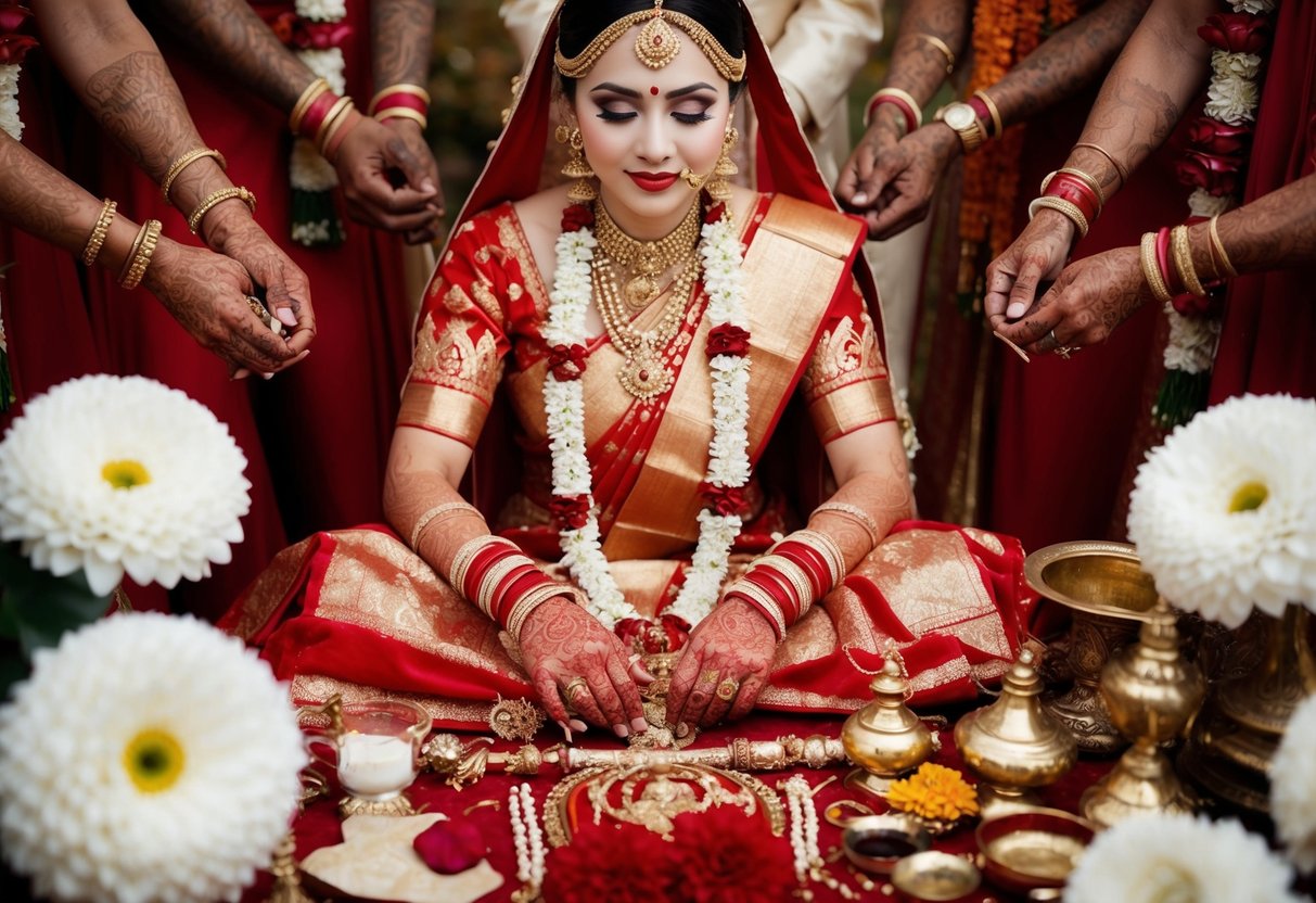 A young woman surrounded by traditional symbols of betrothal, such as flowers, jewelry, and ceremonial objects, as she prepares for her future role as a bride