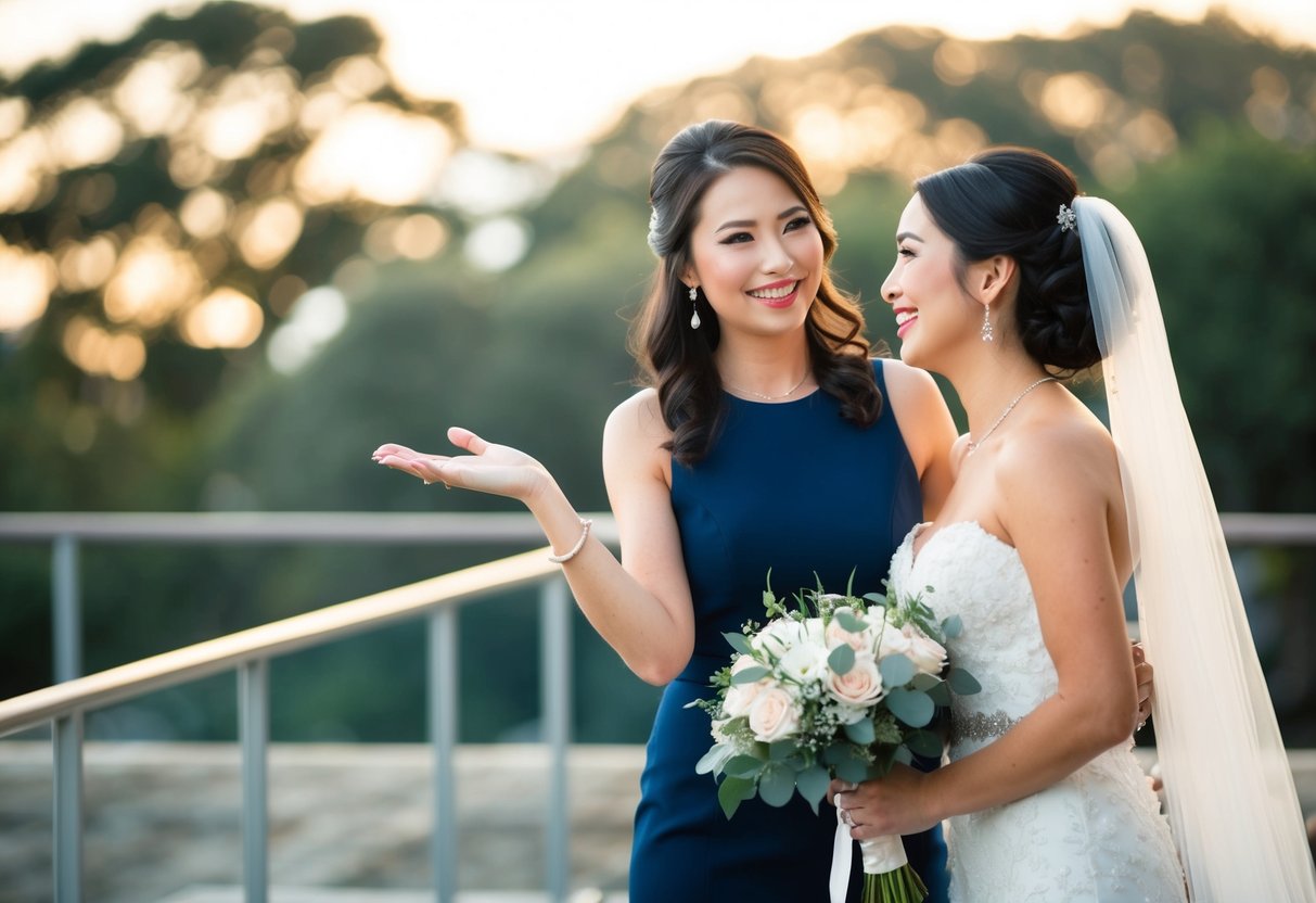 A woman stands beside a bride, both smiling. The bride holds a bouquet and the woman gestures towards her with a warm expression