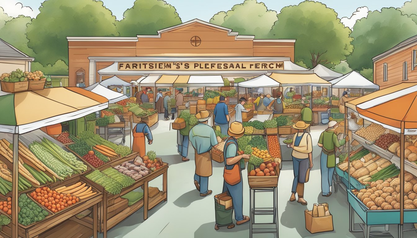 A bustling farmers market with vendors displaying fresh, locally sourced ingredients. A contrast between Sara Lee's mass-produced products and Pepperidge Farm's artisanal, high-quality ingredients