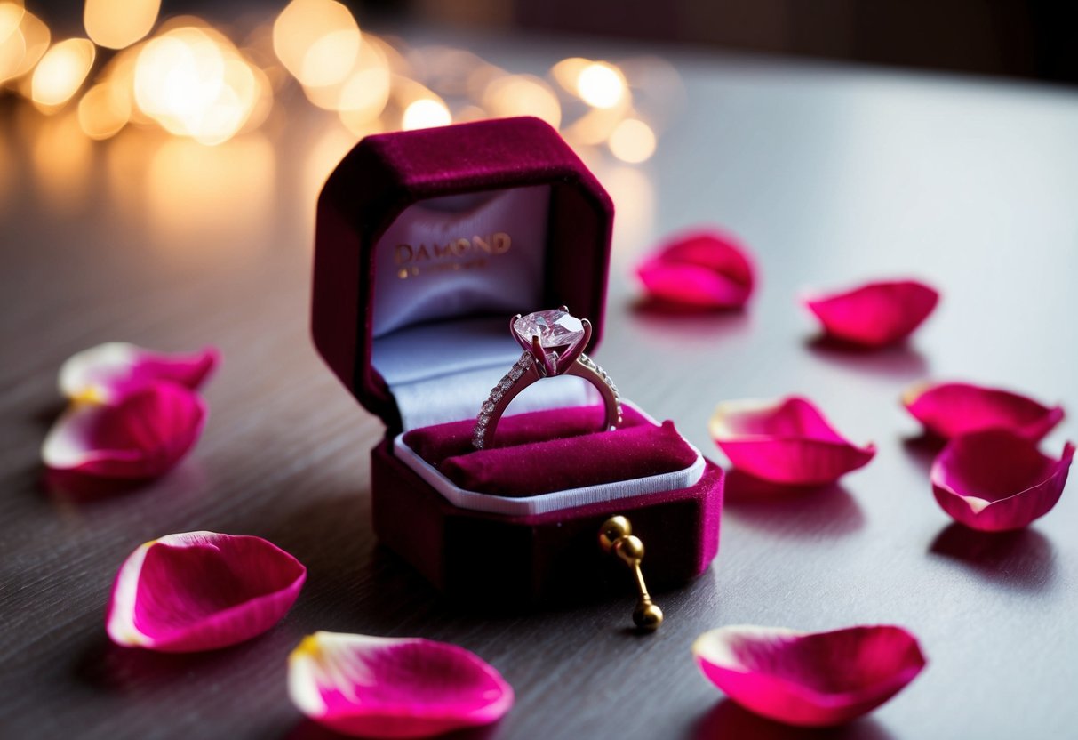 A diamond ring placed on a velvet ring box, surrounded by rose petals and lit by a soft, warm light