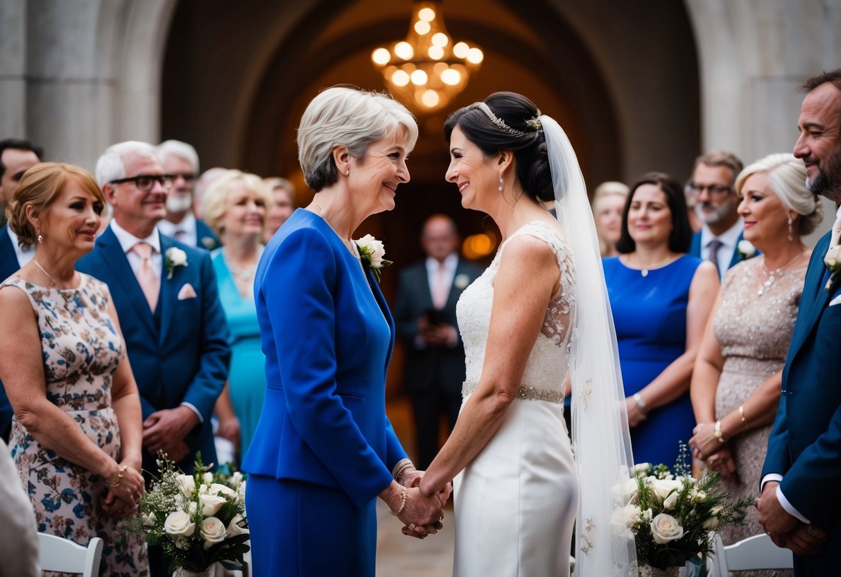 A mother and daughter stand facing each other, surrounded by family and friends, as they share a tender moment during the wedding ceremony