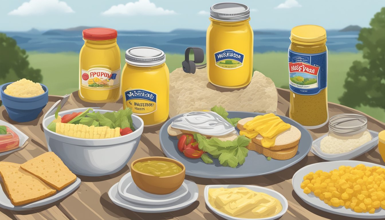 A picnic table with two open jars of mustard, one French's and one Grey Poupon, surrounded by various food items and condiments