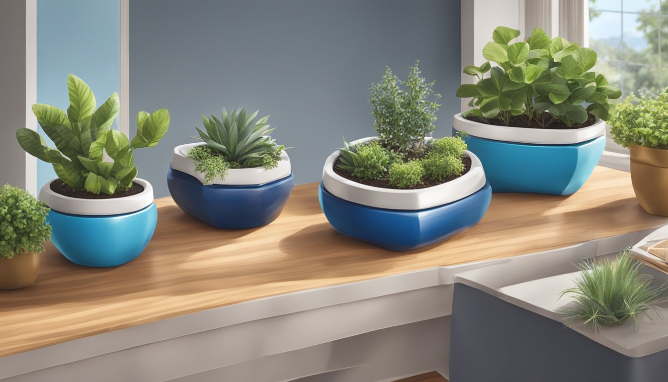 Two sets of planters and blue diamond products arranged on a wooden table