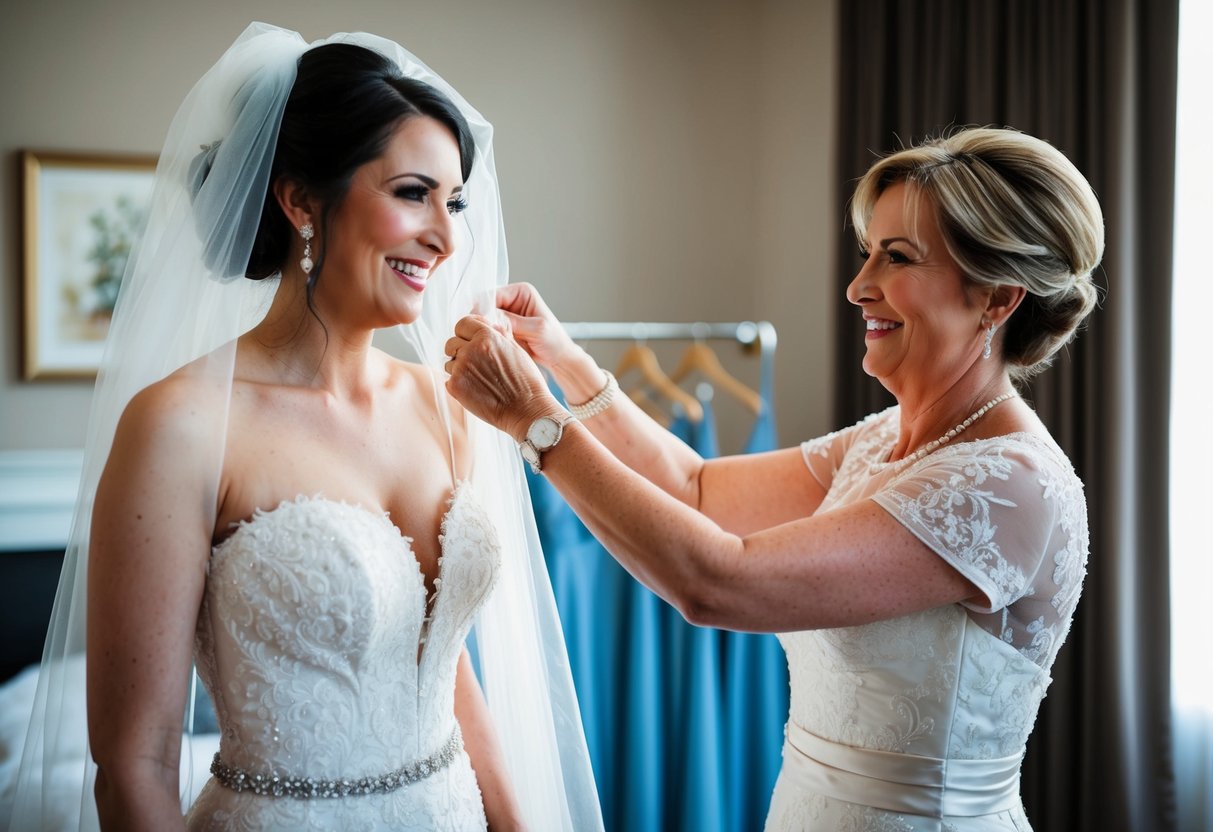 The mother of the bride helps her daughter into her wedding gown, adjusting the veil and smoothing out the fabric with a proud and loving smile