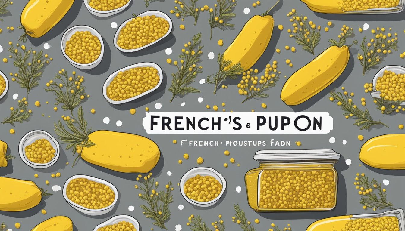 A table with two open jars of mustard, one labeled "French's" and the other "Grey Poupon," surrounded by scattered mustard seeds and a few whole mustard plants