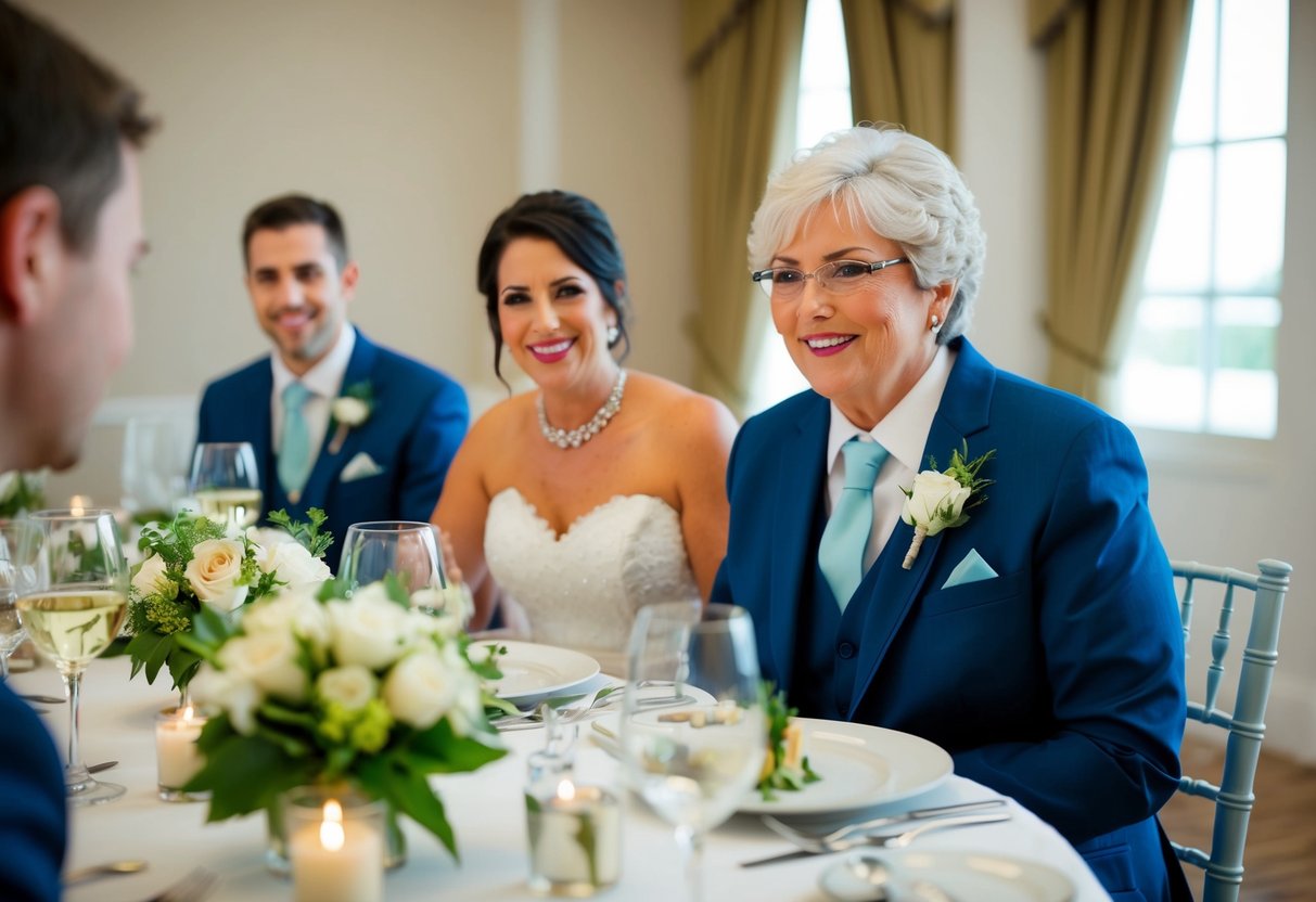 The groom's mother pays for the rehearsal dinner and may also contribute to the wedding reception or other ceremony essentials