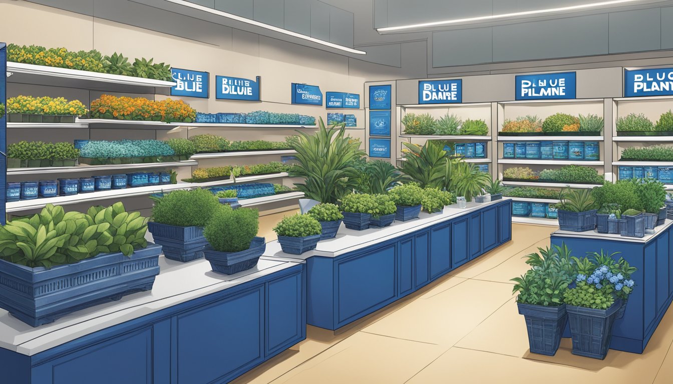 A variety of planters sit next to a display of Blue Diamond products. The planters are filled with vibrant greenery, while the Blue Diamond products are neatly arranged on the shelf