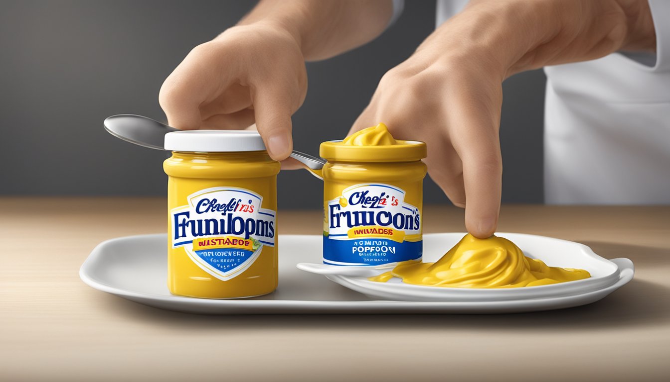 A chef's hand scoops out French's mustard and Grey Poupon mustard from their respective jars onto a white porcelain dish