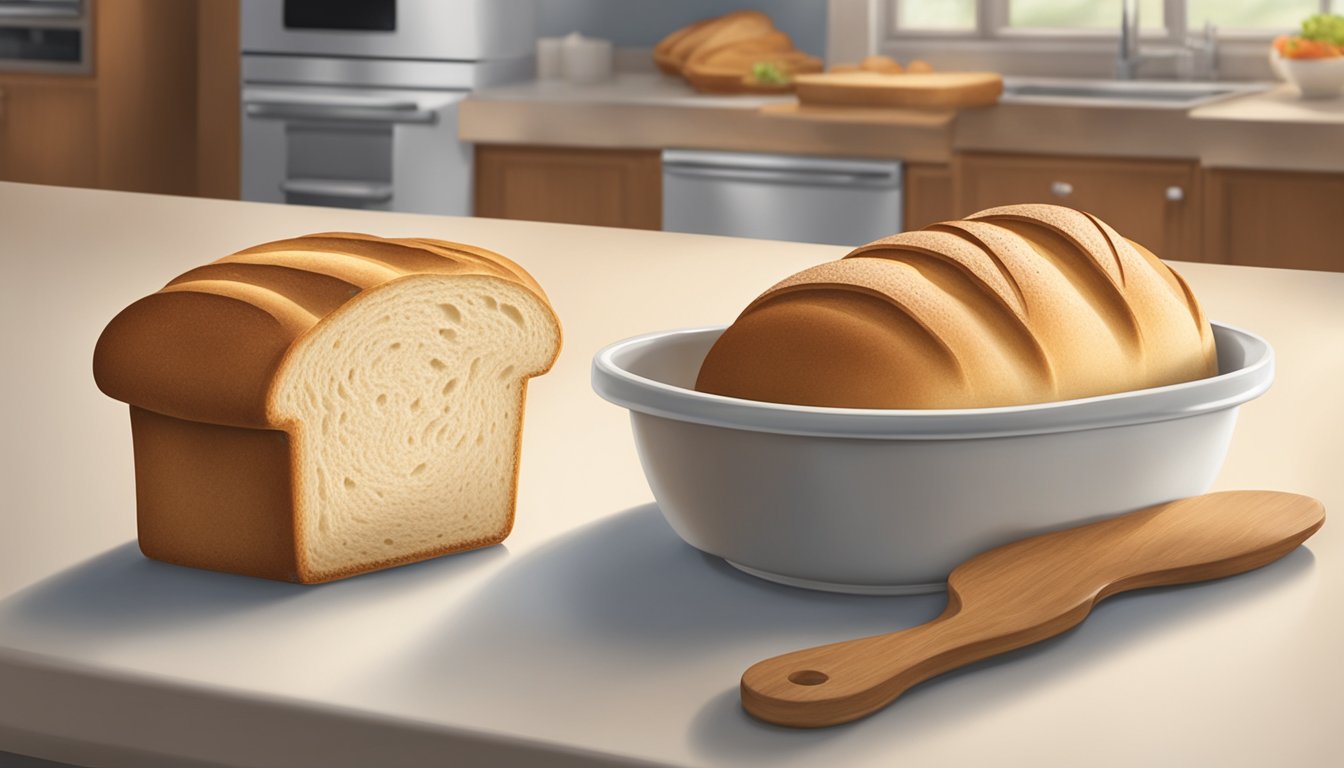 A kitchen counter with two loaves of bread, one from Sara Lee and the other from Pepperidge Farm, displayed side by side