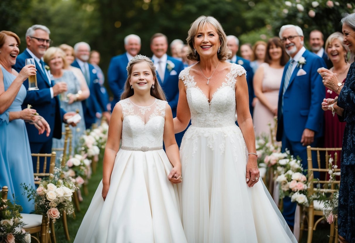 A mother stands proudly beside her daughter, who is dressed in a flowing white gown, surrounded by flowers and joyful guests