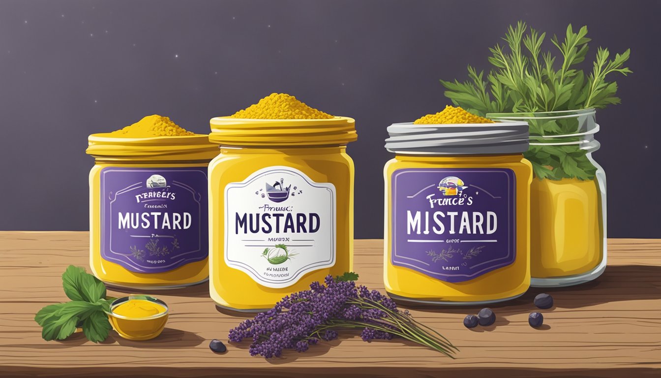 Two jars of mustard sit side by side on a rustic wooden table, surrounded by fresh herbs and colorful spices. The French's mustard jar is bright yellow, while the Grey Poupon jar is a deep, luxurious shade of purple