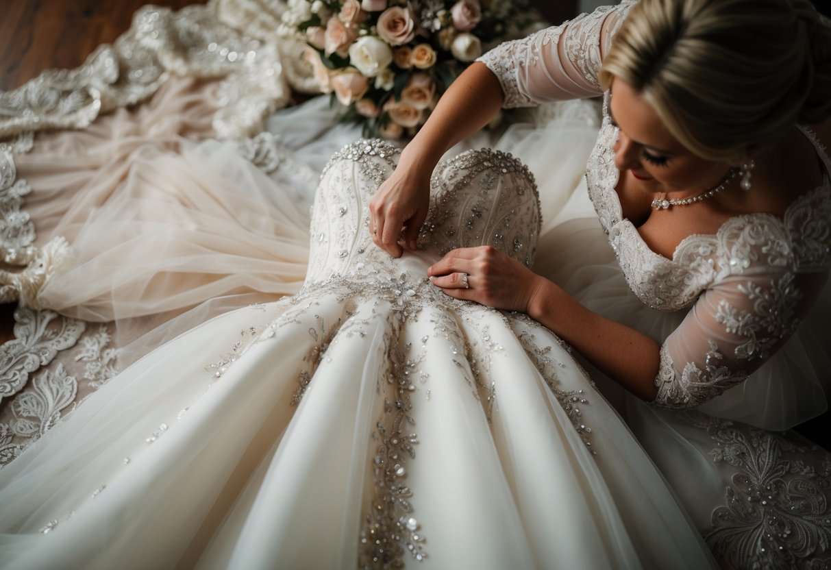 A lavish wedding gown being fitted by a seamstress, surrounded by opulent fabrics, lace, and sparkling embellishments