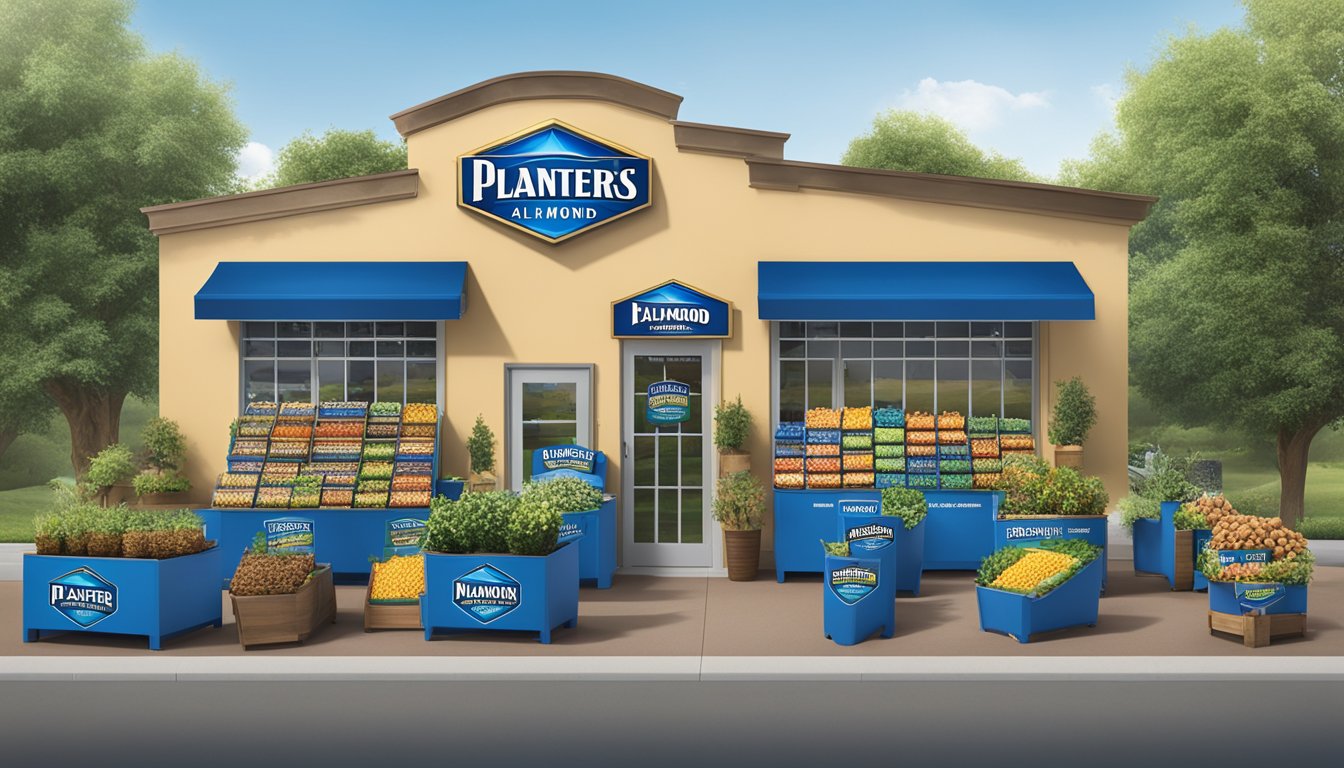 Two groups of planters and blue diamond almonds arranged in a visually appealing display, surrounded by marketing materials and promotional signage