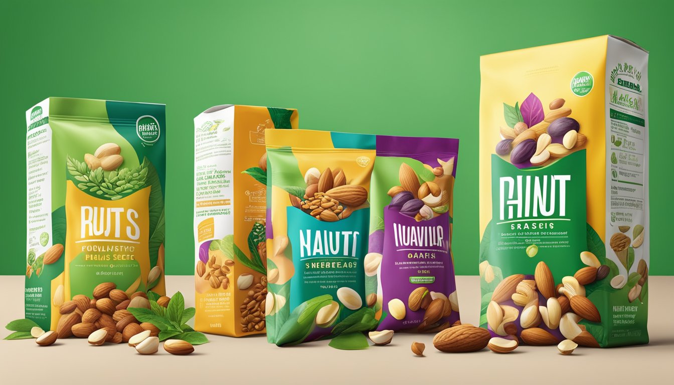 A colorful array of fresh nuts and seeds spills out of two competing brand packages, each adorned with vibrant images of lush green plants and bold health claims