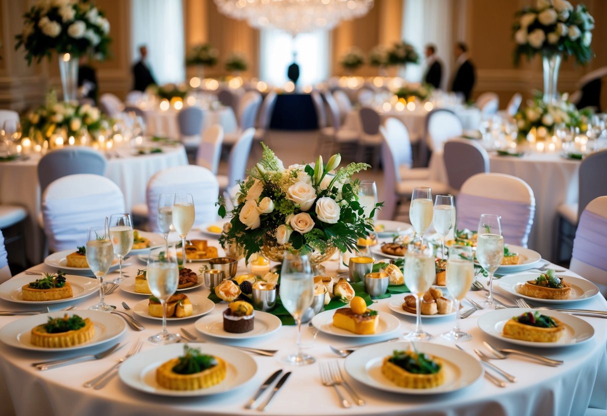 A lavish wedding banquet with an array of gourmet dishes, elegant table settings, and ornate floral arrangements