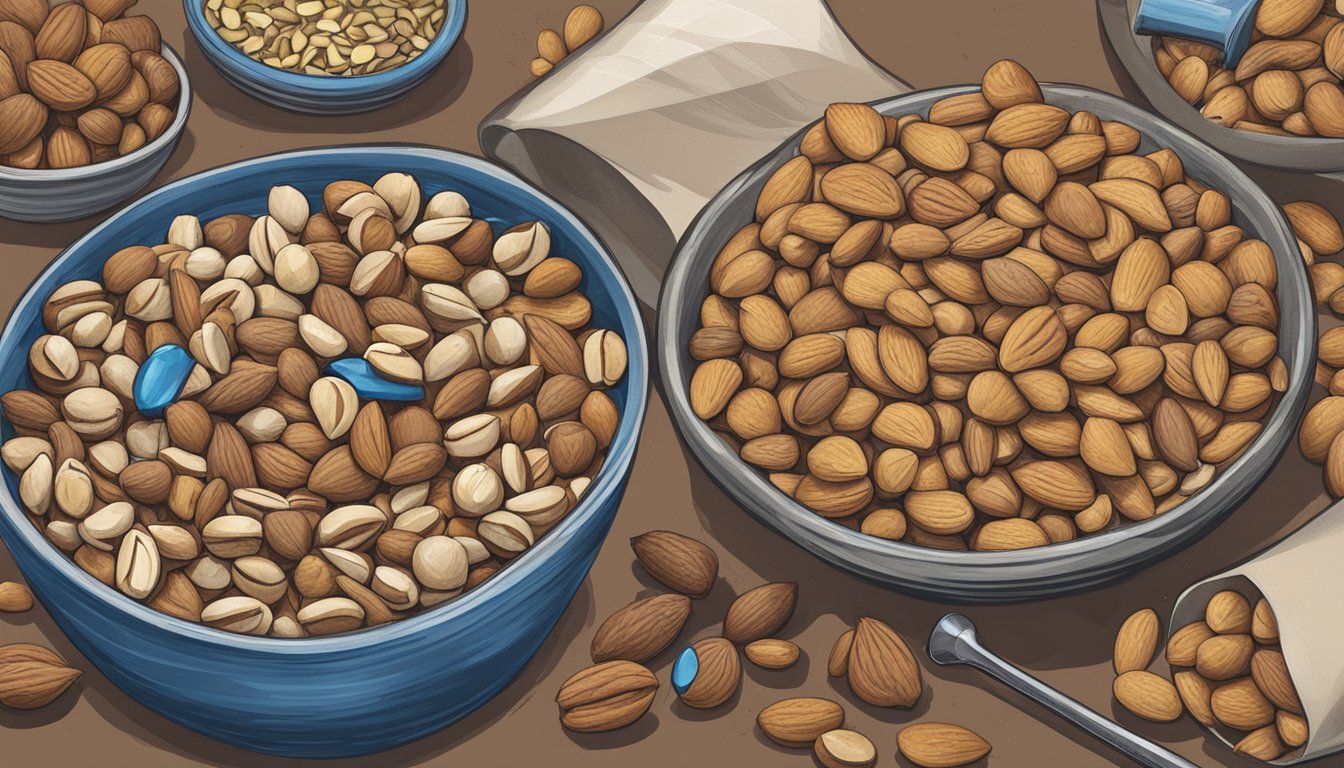 A table with two bowls of mixed nuts, one labeled "Planters" and the other "Blue Diamond," surrounded by scattered nuts and measuring tools