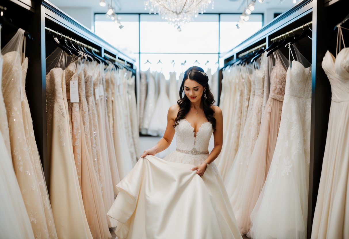 A bride carefully selects and purchases an elegant wedding dress, surrounded by racks of luxurious gowns in a high-end bridal boutique