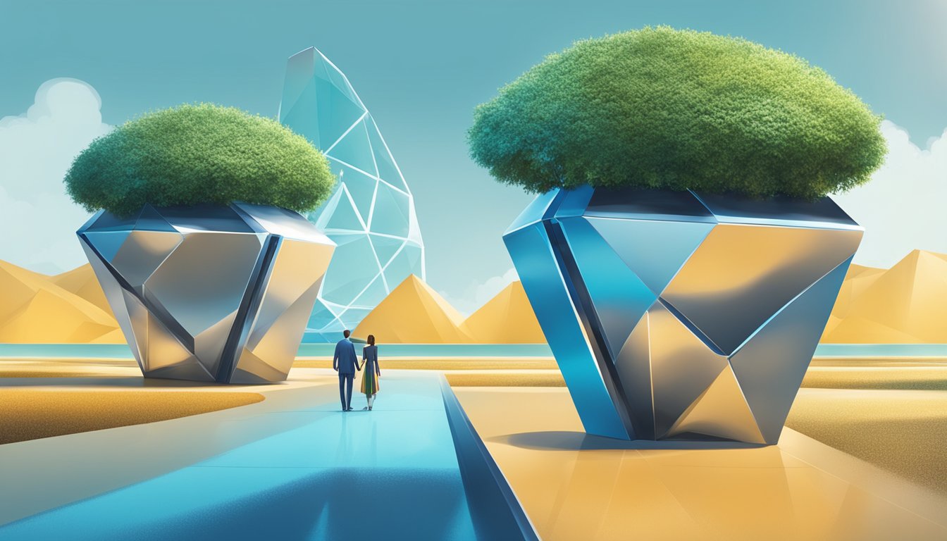 Two giant planters with futuristic designs face off against a backdrop of a shimmering blue diamond